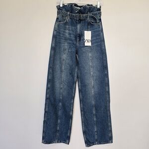 NWT Zara High Rise Wide Leg Belted Jeans Size 2